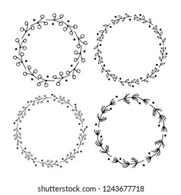 Christmas wreath Round Frames set hand drawn doodles. Vector illustration.