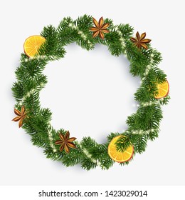 Christmas Wreath. Round garland of spices, orange and fir. Xmas decoration. Vector illustration.