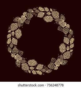 Christmas wreath , rounded vector  frame with  golden conifer and pine cones on dark brown background