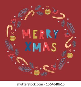 Christmas wreath with rowan berry, pine branches, baubles and candy cane on dark red background. Perfect for greeting cards, holiday invitations. 