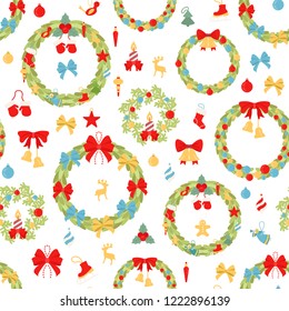 Christmas wreath seamless pattern. Decoration elements set for  holiday greeting card, poster design. Vector illustration