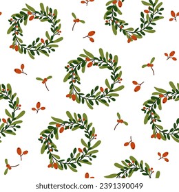 Christmas wreath seamless pattern. Fir branches, with red berries. Modern design for Holidays invitation card, poster, banner, greeting card, postcard, packaging, print. Christmas holiday natural 