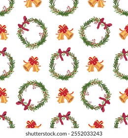 Christmas wreath seamless pattern with golden bells and red ribbons