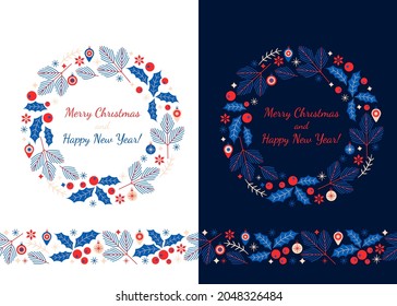 christmas wreath and seamless pattern for christmas and new year abstract stylized christmas tree with balls, holly and snowflakes in linear style. vector illustration. Xmas