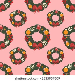 Christmas wreath seamless pattern on pink background. Vector illustration