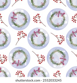 Christmas wreath seamless pattern with red berries and snow