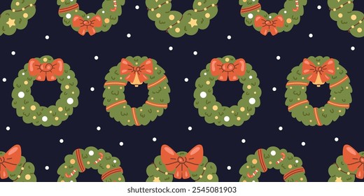 Christmas wreath seamless pattern, vibrant and festive, ideal for winter decorations. Design element for wallpapers, fabrics and greeting cards. Happy xmas vector illustration background.