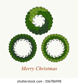 Christmas wreath set. Abstract vector hand drawn decorative calligraphy stylized vintage ornate multicolored doodle cartoon illustration. Xmas greeting. Isolated on a whitish background.