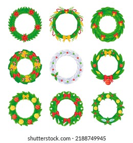 Christmas wreath set with balls bows bells candy and flowers in cartoon style.
