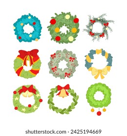 christmas wreath set cartoon. garland winter, happy tree, border banner christmas wreath sign. isolated symbol vector illustration