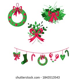 Christmas wreath set. Green round wreath with red bow. Perfect for poster, card, banner, flyer. Flat style. Vector illustration isolated on white background.
