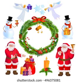 Christmas wreath and set of icons for New Year and Merry Christmas with Santa Claus, snowman and angels.