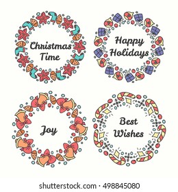 Christmas Wreath Set. Line Style Winter Collection.