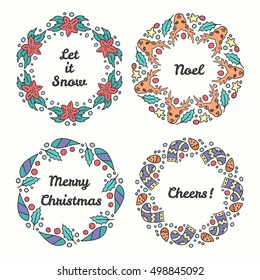 Christmas Wreath Set. Line Style Winter Collection.