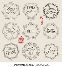 Christmas Wreath Set For Logo Design. Hand Drawing Vector Illustration