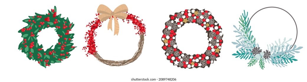 Christmas wreath set vector illustration. Seasonal tradition decoration. Design for frame, pattern element, print, greeting card, banner.