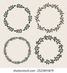 Christmas wreath set with winter floral elements. Vector illustration in flat style on white background.

