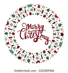 Christmas wreath set with winter symbol and elements. New Year greeting card elements. Vector illustration in flat style.  Hand lettering.