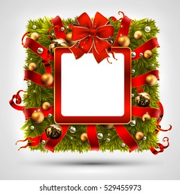 Christmas wreath in the shape of a square, decorated with Christmas tree branches and balls