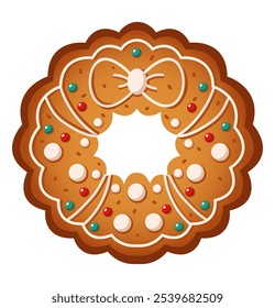 Christmas wreath shaped gingerbread cookie flat color vector object. Delicious snack for holiday atmosphere illustration on white background