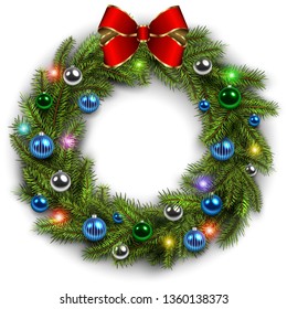 Christmas wreath with shiny balls and lights on white. Vector christmas background.