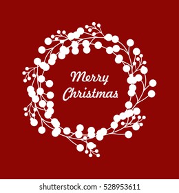 Christmas wreath and sign merry christmas, white on red illustration for design