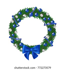 Christmas Wreath With Silver And Blue Balls, Blue Bow Ans Ribbons Isolated On White Background. Vector Illustration.
