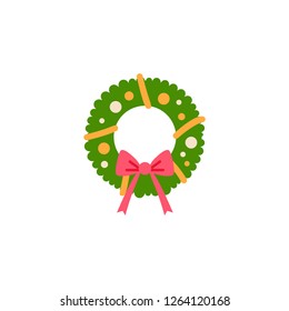 Christmas wreath simple single flat icon. Vector illustration isolated on white background. Xmas decoration in cartoon style. Traditional christmas element of holiday