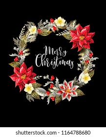 Christmas wreath with slogan, golden elements, branches and flowers. 
