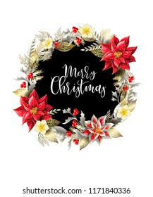 Christmas wreath with slogan, golden elements, branches and flowers. 