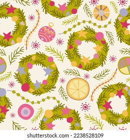 Christmas wreath and small decorations hand drawn seamless pattern. Wreath, bubble, star, fir tree, garland. For wrapping paper, textile, scrapbooking, greetings, DIY projects.