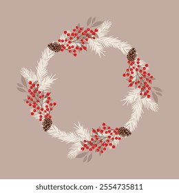 Christmas wreath of snow-covered twigs, pine cones and red berries. Round frame for design for Christmas and New Year. Decorative Christmas elements. Vector illustration.