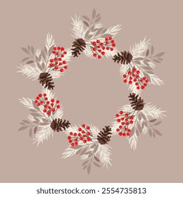 Christmas wreath of snow-covered twigs, pine cones and red berries. Round frame for design for Christmas and New Year. Decorative Christmas elements. Vector illustration.