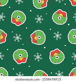 The Christmas Wreath and Snowflake seamless pattern design for background, wallpaper, textile design, fabric, card, wrapping paper, notebook, diary cover, blanket for kid, blanket, decorative and etc.