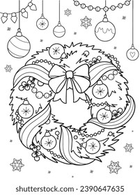 Christmas wreath, snowflakes, Christmas balls, garlands, lights, decorations, coloring. Hand drawn vector illustration. Coloring book pages for adults and kids. Merry Christmas, New year