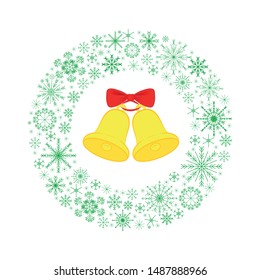 
Christmas wreath of snowflakes and bells. Green snowflakes, golden bells with a red bow on a white background. Vector illustration.