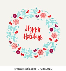 Christmas wreath with snowflakes, bows, balls and fir branches on light background. Perfect for holiday greeting cards