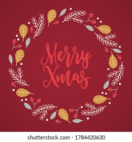 Christmas wreath with snowflakes, leaves, fir branches, berries on red background. Perfect for winter holidays, Xmas, New year greeting cards