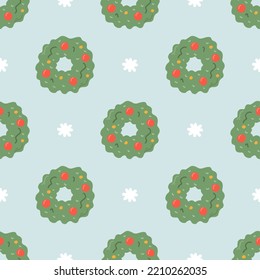 Christmas wreath with snowflakes on blue background, vector seamless pattern.