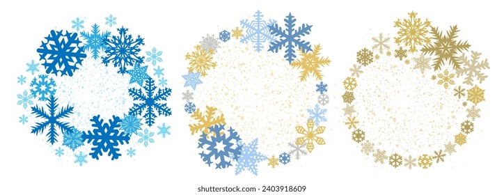 Christmas wreath of snowflakes, set. Beautiful winter frames for text. Vector illustration