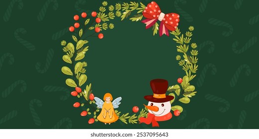 Christmas Wreath with Snowman, Angel, and Red Bow. Decorative Holiday Frame on Green Background with Candy Cane Pattern