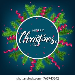 Christmas wreath  with spruce branch, pink  serpentine and lettering on blue  background. Green fir. Vector template  for Xmas cards, banners, flyers, New year party posters.