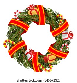 Christmas wreath of spruce branches. Decoration for winter holiday. New year decoration for House. Christmas tree branches and red tape. Festive boxes with gifts and Mint traditional lollipop. 