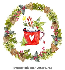 Christmas wreath with spruce branches, holly and red berries. Christmas decor. Watercolor botanical hand drawn vector illustration. Christmas card. Watercolor painting.