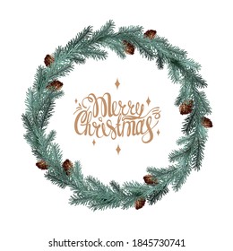 Christmas wreath. Spruce branches. Pine.New year's illustration. Vector. Fir cone. White background. Lettering. Merry christmas