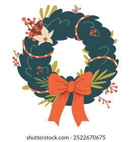 Christmas wreath of spruce branches with red bow. New Year decoration on white background. Vector isolated element