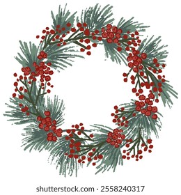 Christmas wreath of spruce and holly berries. Vector illustration