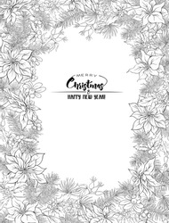 Christmas Wreath Of Spruce, Pine, Poinsettia, Dog Rose. With Merry Christmas And Happy New Year Lettering.  Outline Hand Drawing Vector Illustration. Ñoloring Page For The adult Coloring Book. 

