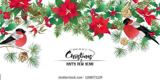 Christmas wreath of spruce, pine, poinsettia, dog rose, mistletoe and bullfinches. With Merry Christmas and Happy New Year lettering. Colored vector illustration. Isolated on white background.
