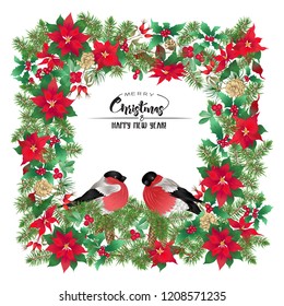 Christmas wreath of spruce, pine, poinsettia, dog rose, mistletoe and bullfinches. With Merry Christmas and Happy New Year lettering. Colored vector illustration. Isolated on white background.

